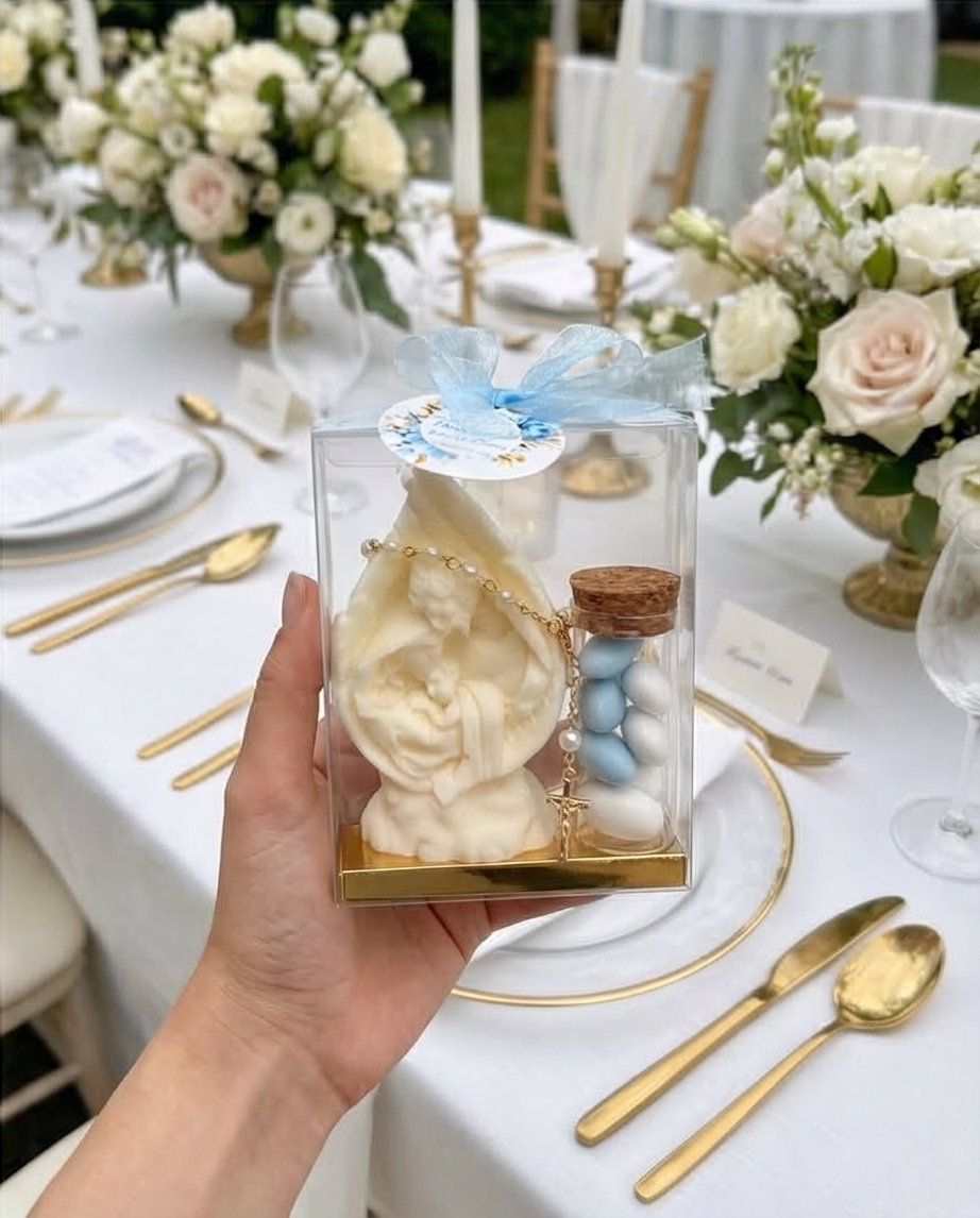 Baptism Candle - Praying Hands 2D with Almond Candies Jar