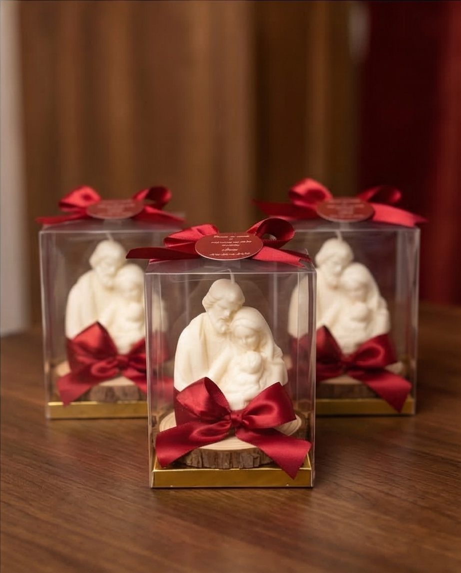 Baptism Candle (Boxed) - Holy Family 3D with Ribbon
