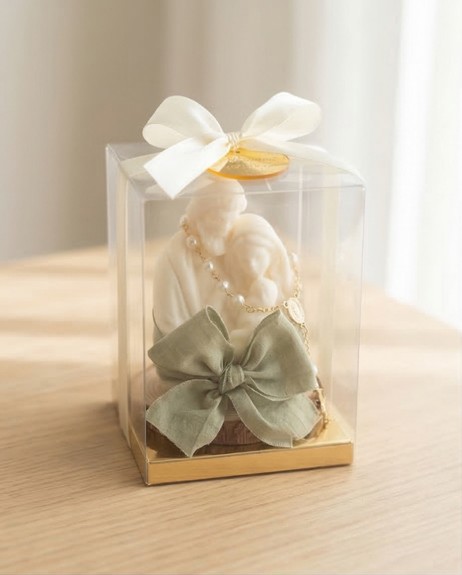 Baptism Candle (Boxed) - Holy Family 3D with Ribbon