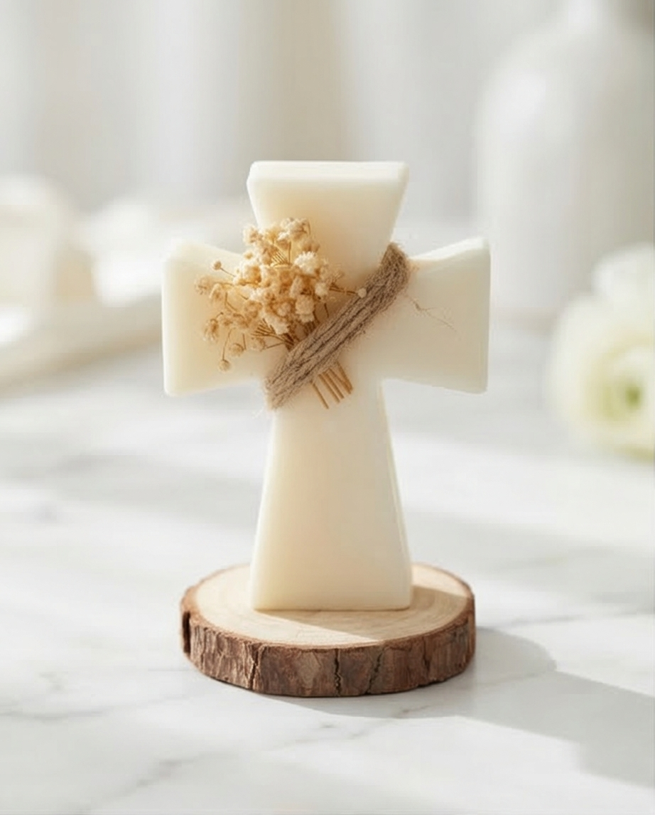 Cross Candle on Wooden Base - 10cm Keepsake for Baptism & Holy Occasions