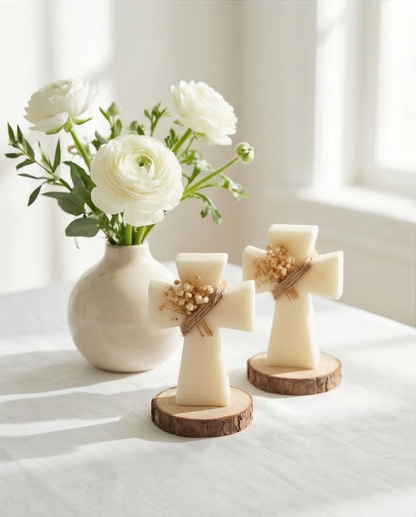 Cross Candle on Wooden Base - 10cm Keepsake for Baptism & Holy Occasions