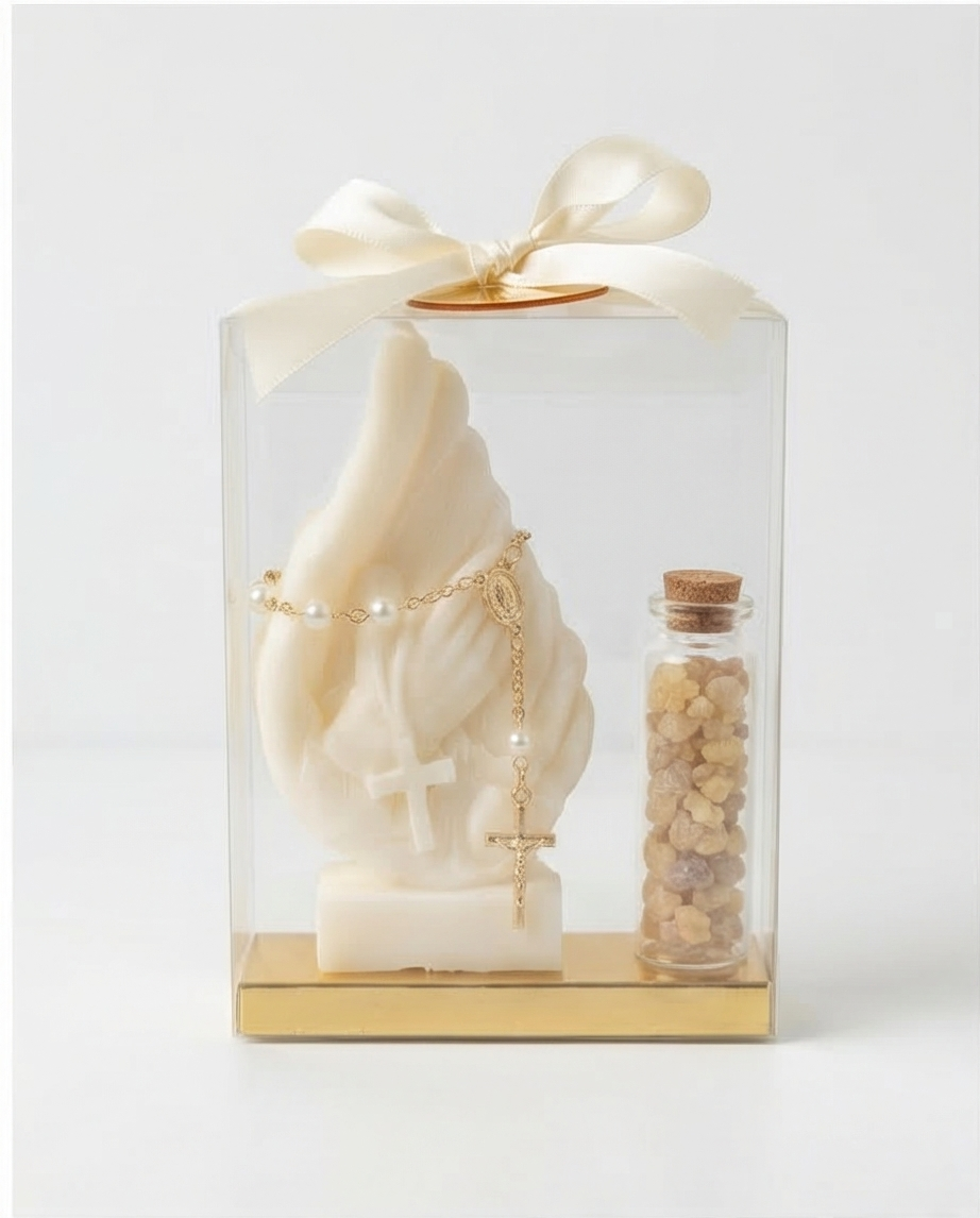 Baptism Candle - Praying Hands 2D with frankincense