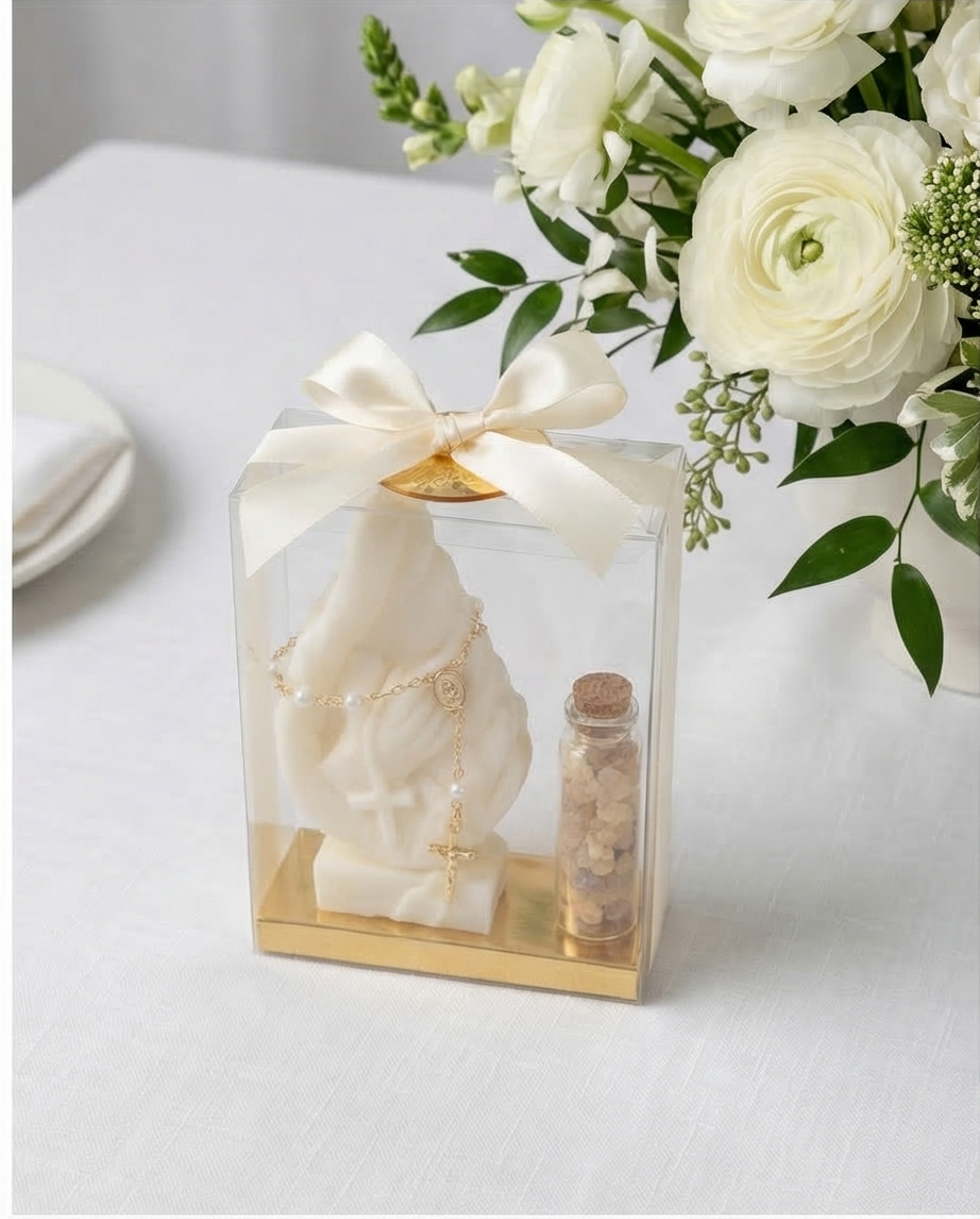 Baptism Candle - Praying Hands 2D with frankincense